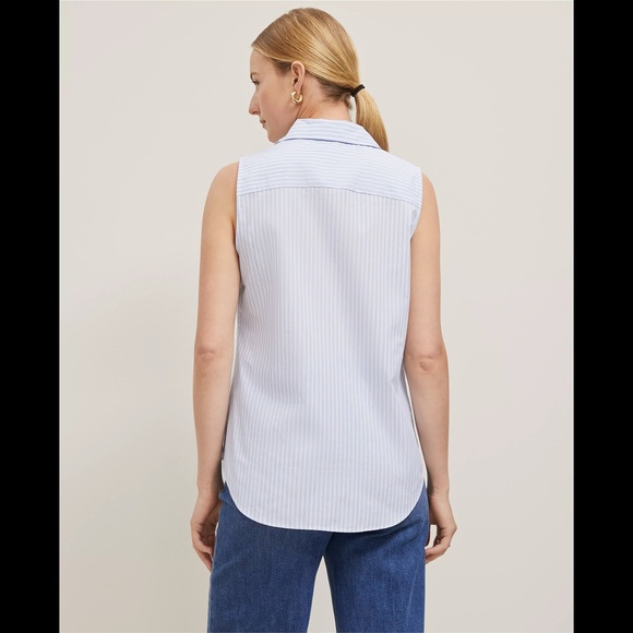 Ann Taylor Collared Split Neck Striped Sleeveless Shirt - Picture 2 of 16